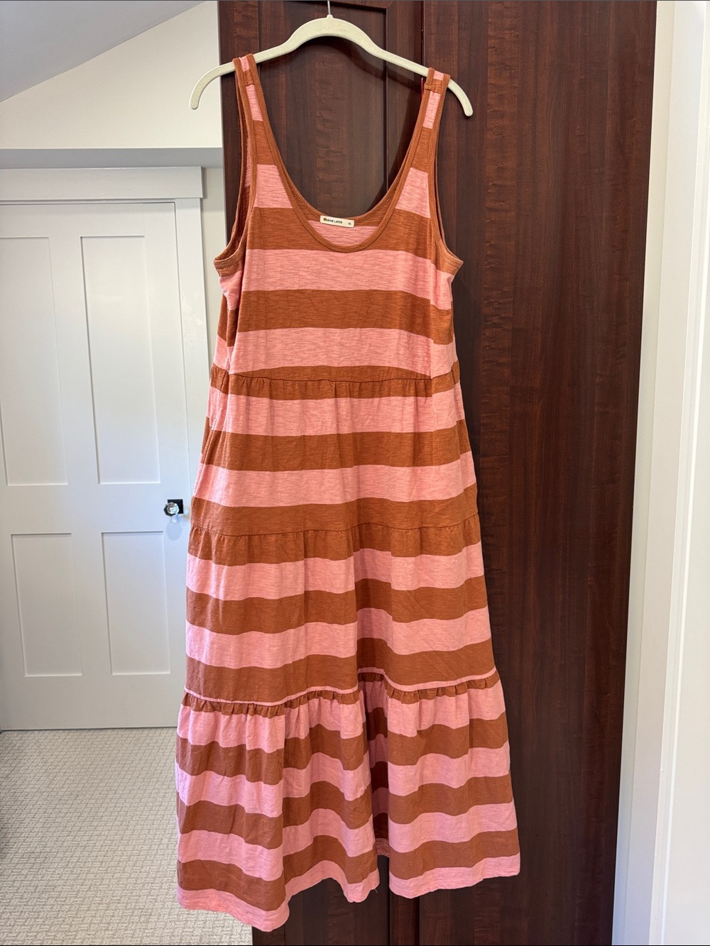 Marine Layer Pink and Rust Striped Tiered Midi Dress